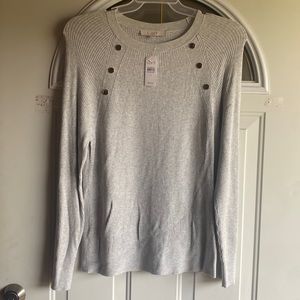 NWT Loft brand long sleeved grey sweater with gold button accents. Size XL